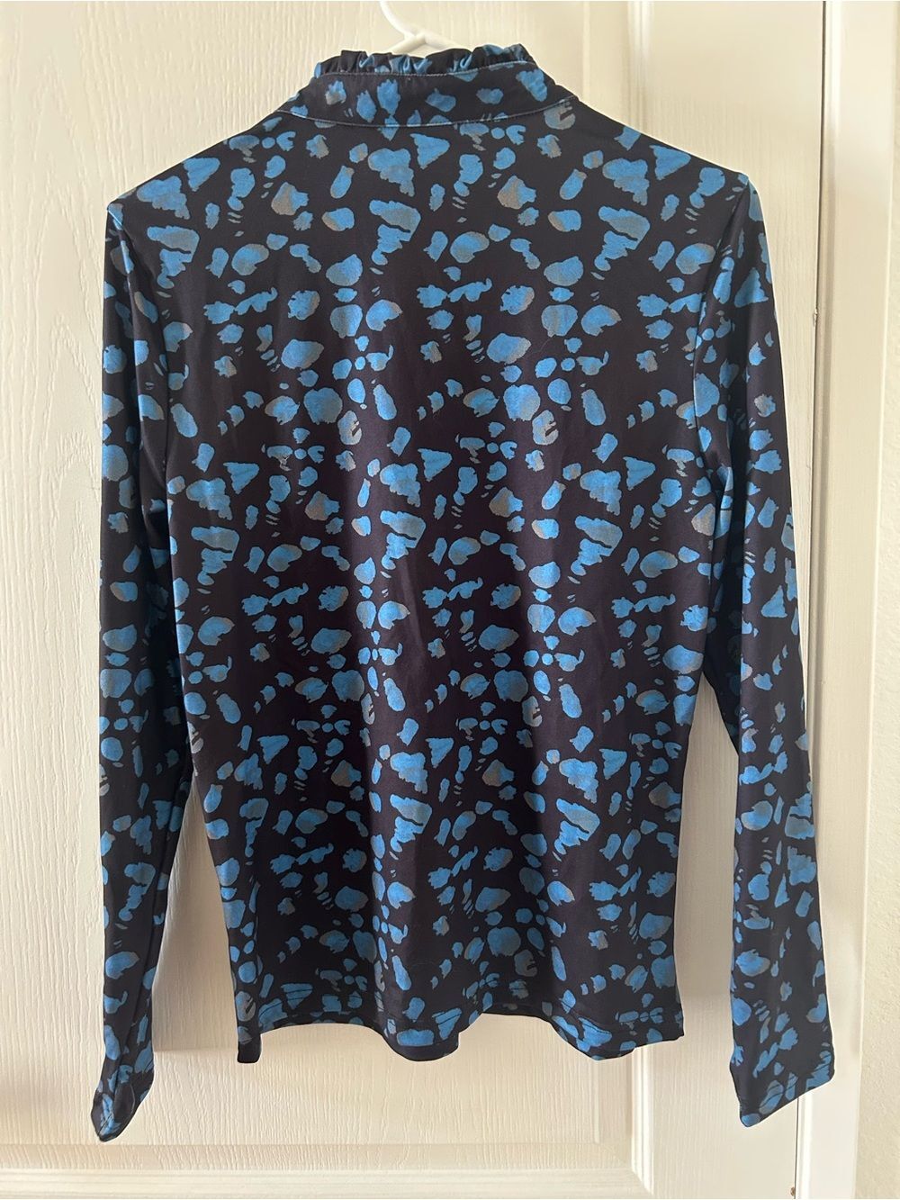 Blue & Black Abstract Leopard Animal Print Ruffle Mock Neck Long Sleeve Top - Picture 3 of 5